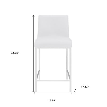 Set of Two 24" White And Silver Genuine Leather And Steel Low Back Counter Height Bar Chairs HomeRoots