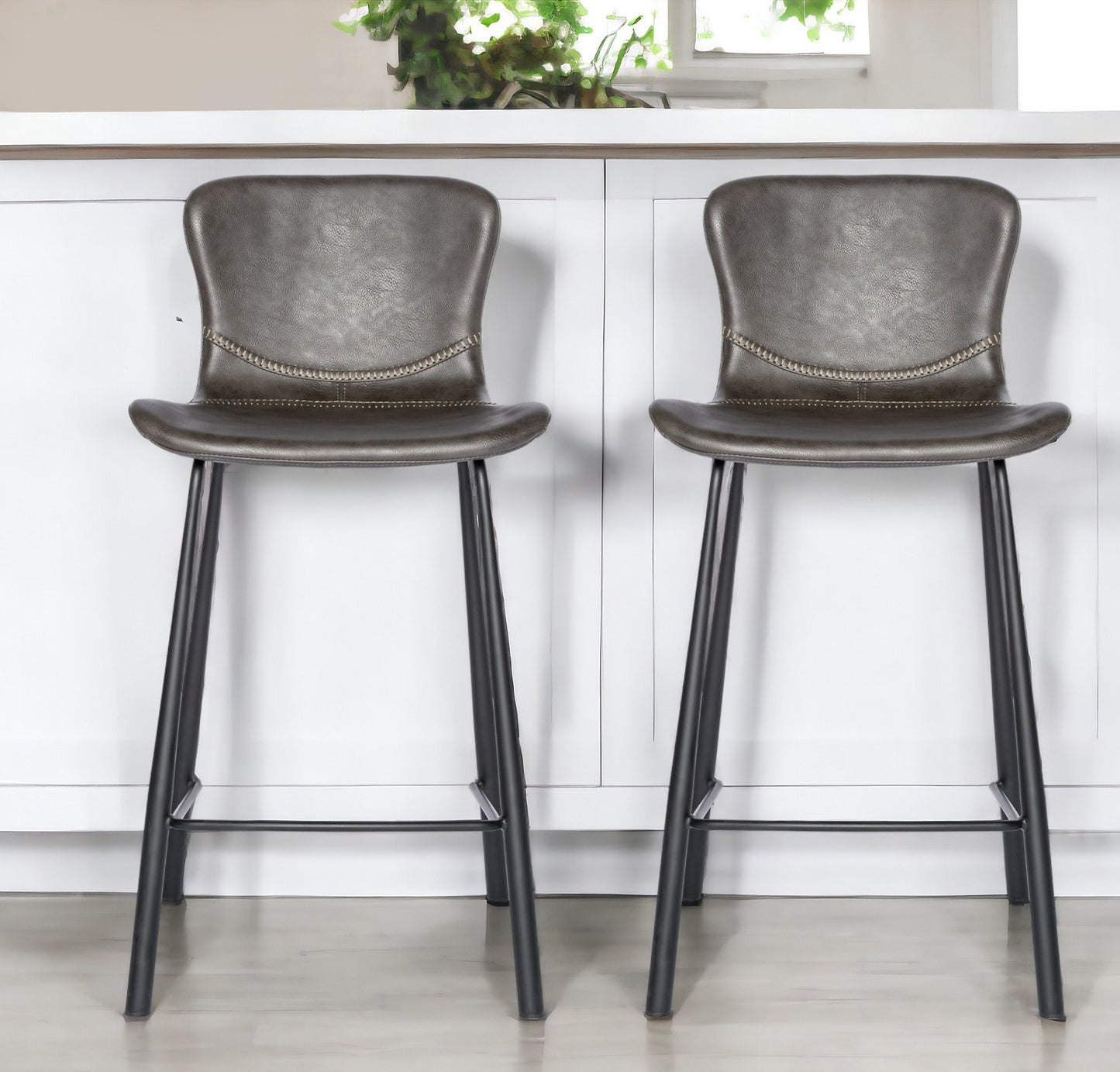 Set of Two 26" Gray And Black Steel Low Back Counter Height Bar Chairs