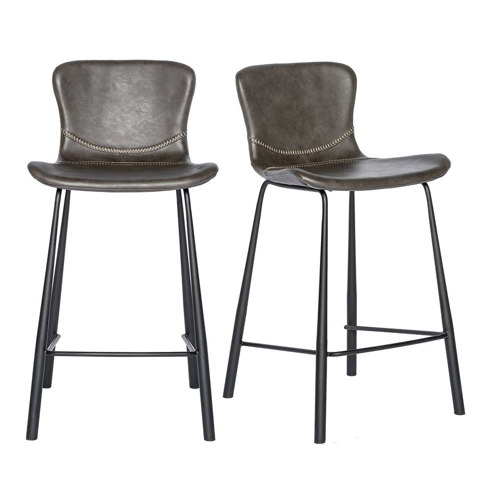 Set of Two 26" Gray And Black Faux Leather And Steel Low Back Counter Height Bar Chairs HomeRoots