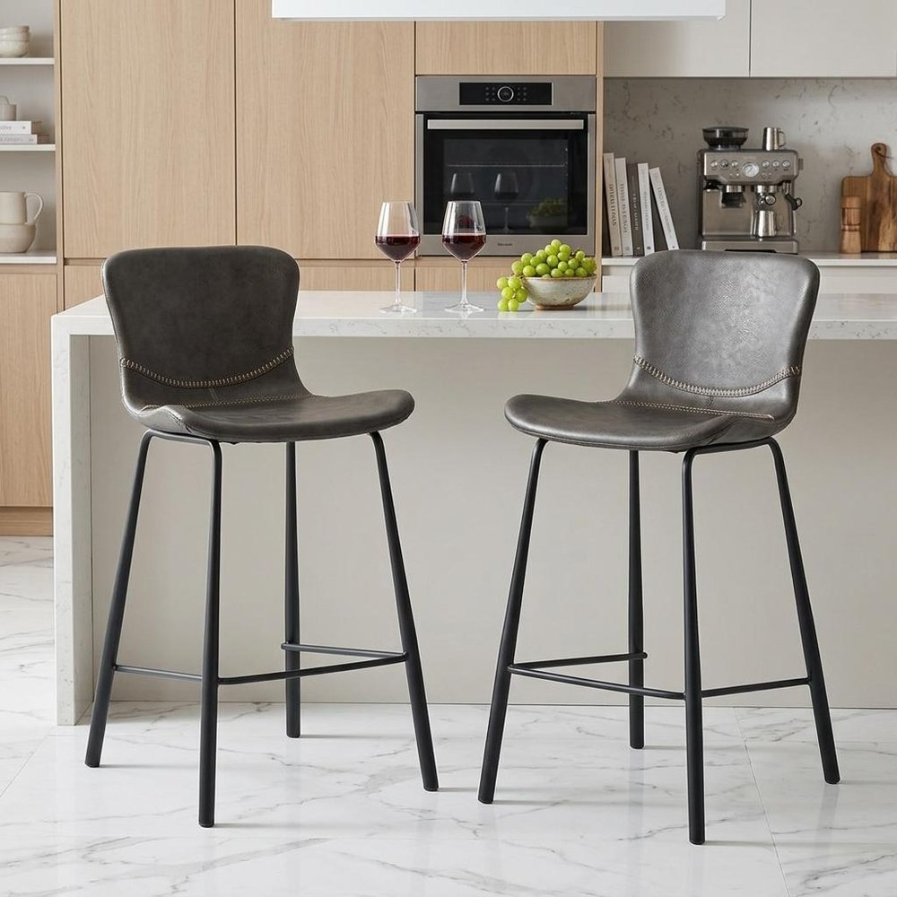 Set of Two 26" Gray And Black Faux Leather And Steel Low Back Counter Height Bar Chairs HomeRoots