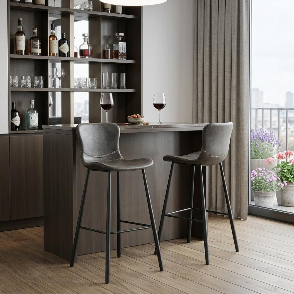 Set of Two 30" Gray And Black Faux Leather And Steel Low Back Bar Height Bar Chairs HomeRoots