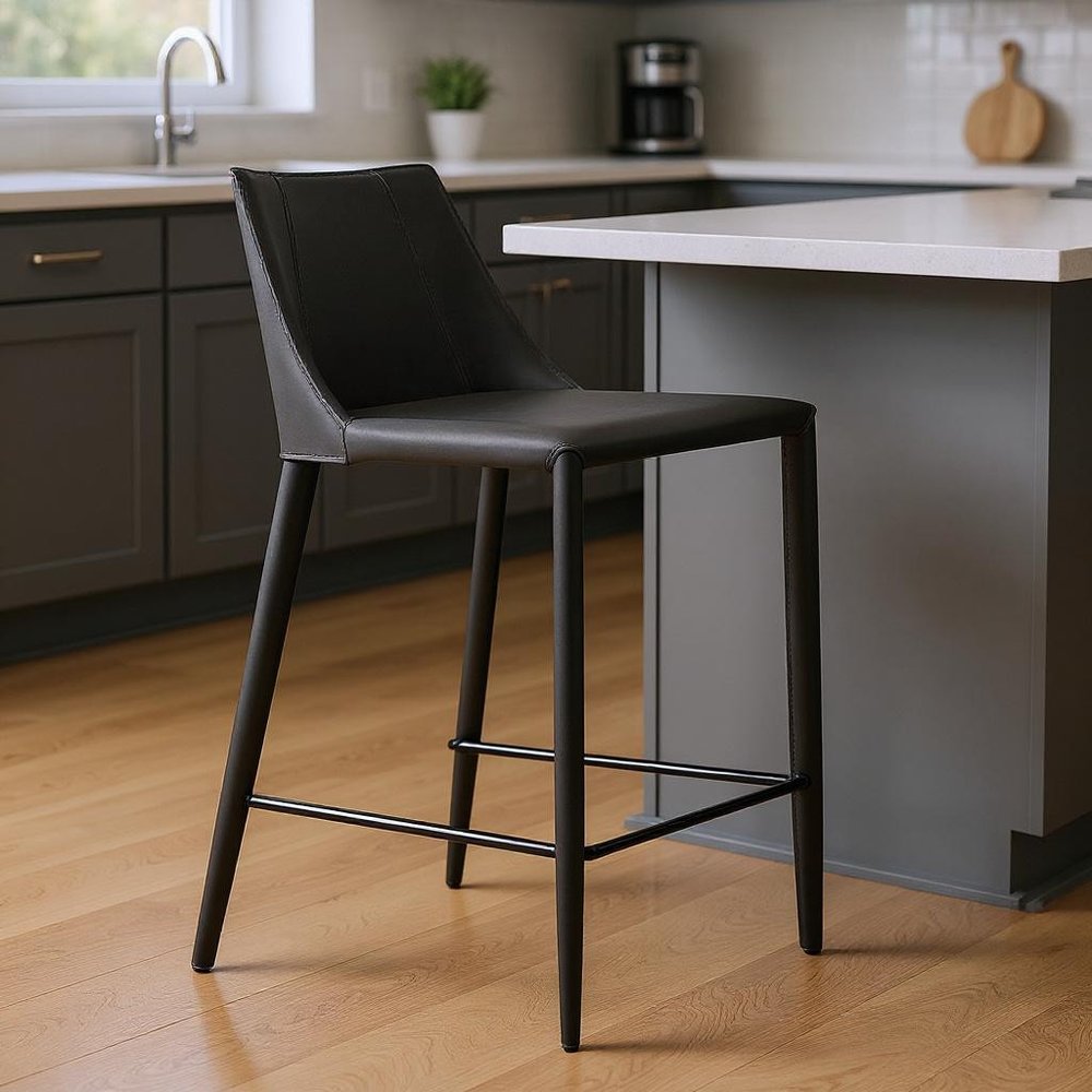 26" Black Faux Leather And Steel Low Back Counter Height Bar Chair HomeRoots
