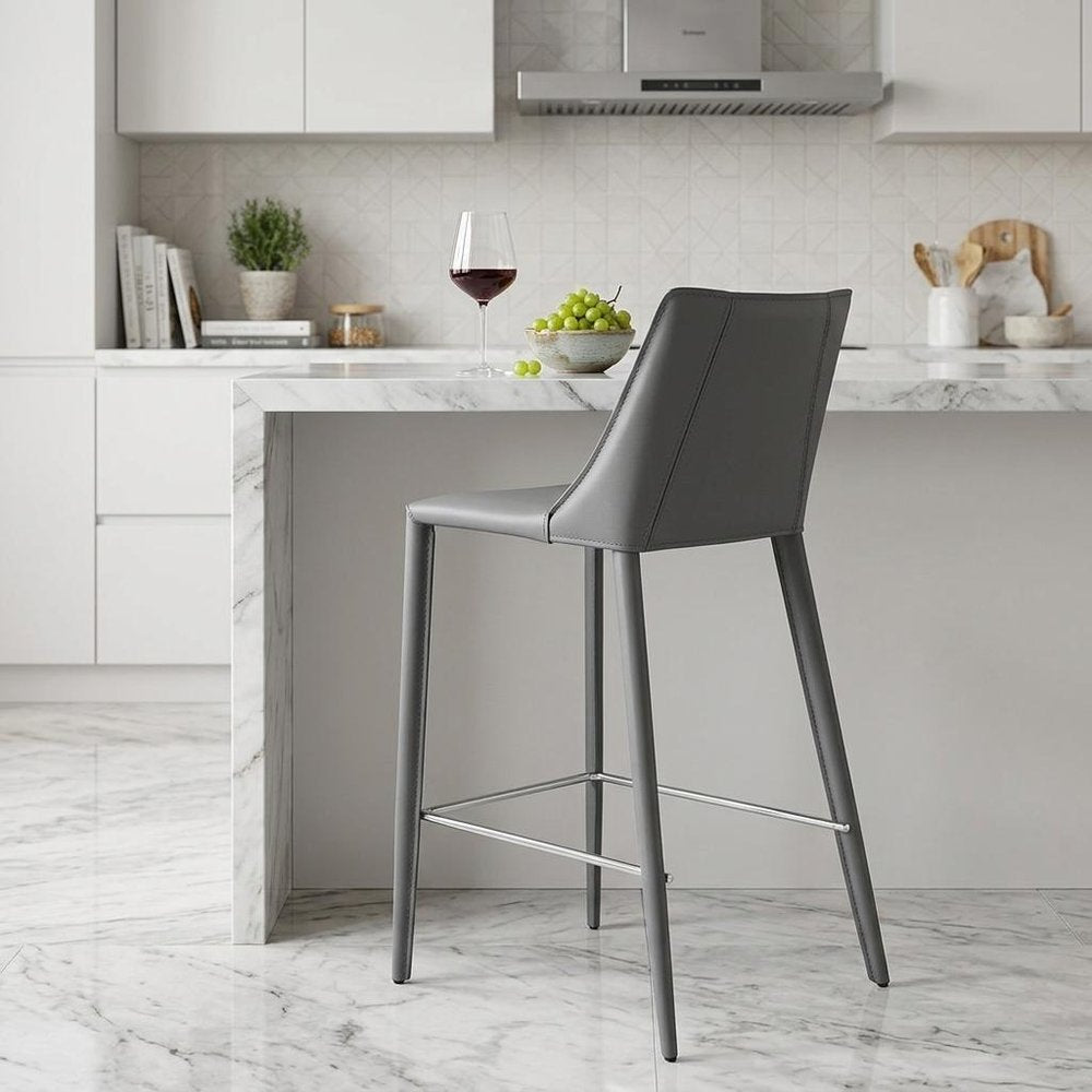 26" Gray Faux Leather And Steel Low Back Counter Height Bar Chair HomeRoots