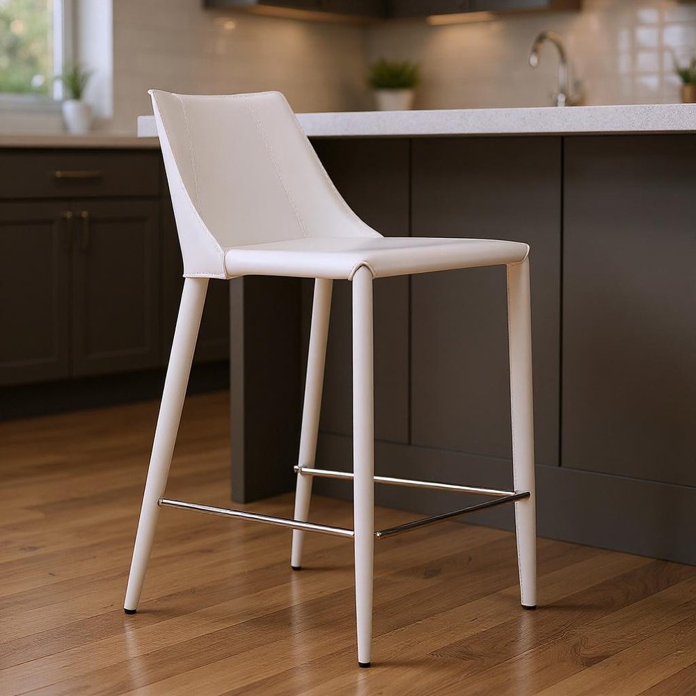 26" White Faux Leather And Steel Low Back Counter Height Bar Chair HomeRoots