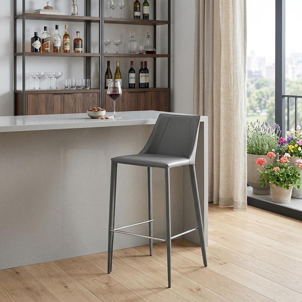 30" Gray Faux Leather And Steel Low Back Bar Height Bar Chair HomeRoots