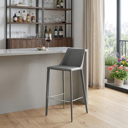 30" Gray Faux Leather And Steel Low Back Bar Height Bar Chair HomeRoots