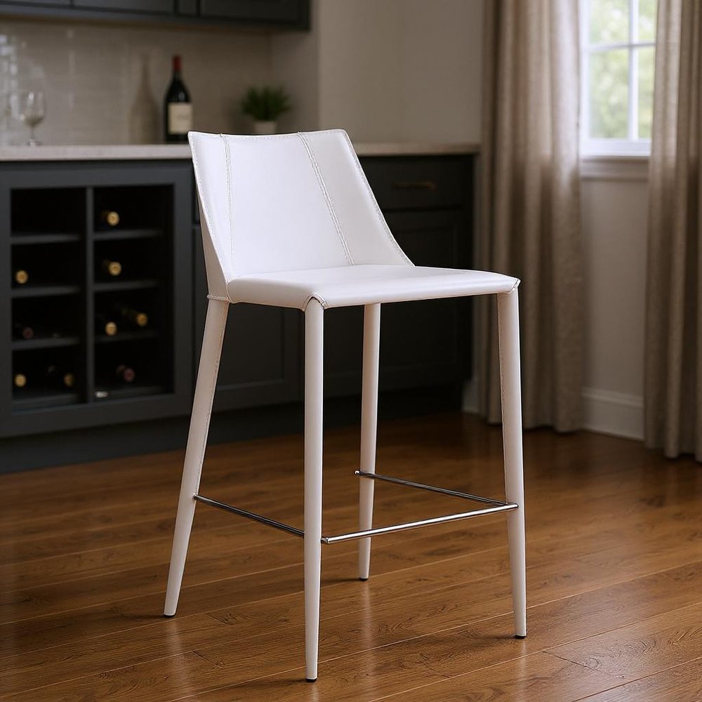 30" White Faux Leather And Steel Low Back Bar Height Bar Chair HomeRoots