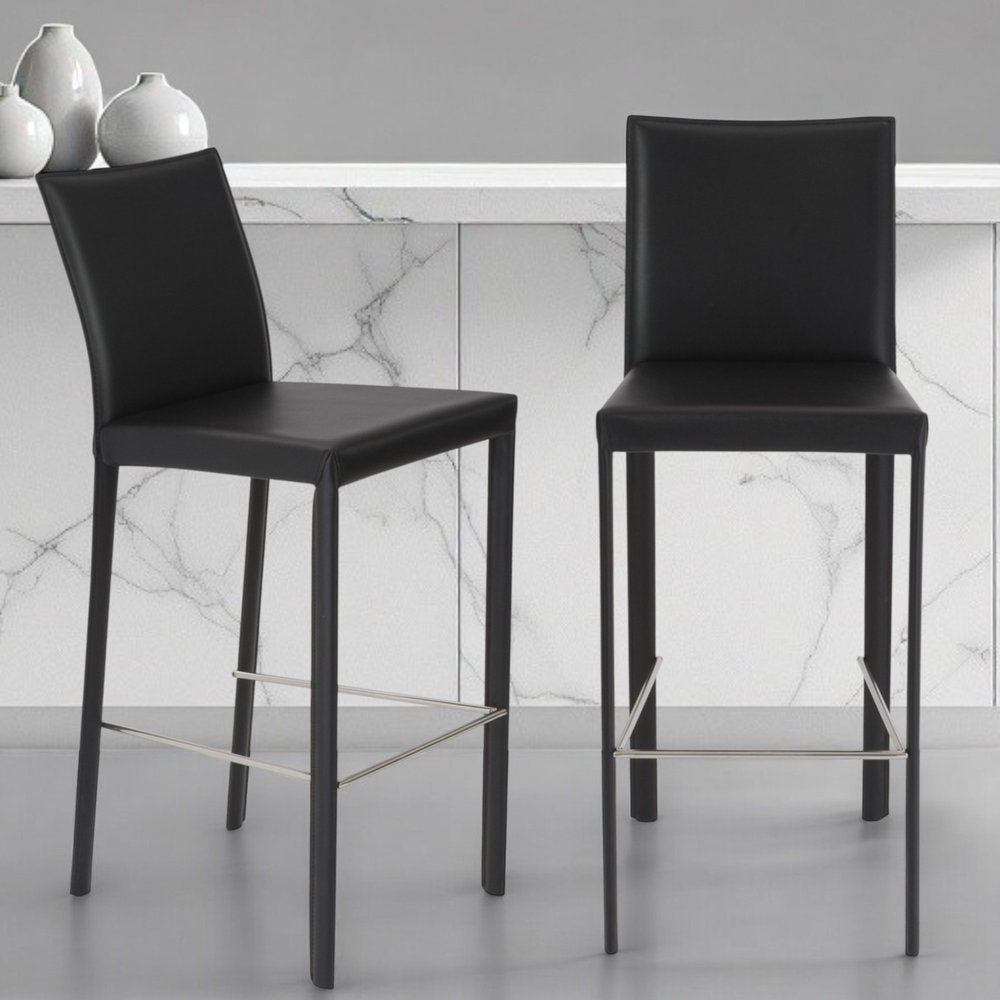 Set of Two 30" Black Faux Leather and Steel Bar Height Bar Chairs HomeRoots