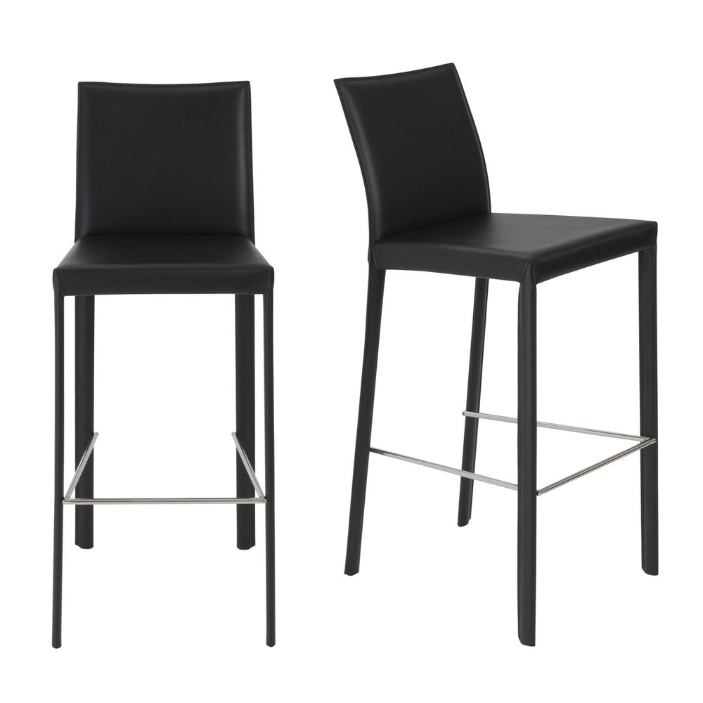 Set of Two 30" Black Faux Leather And Steel Bar Height Bar Chairs HomeRoots