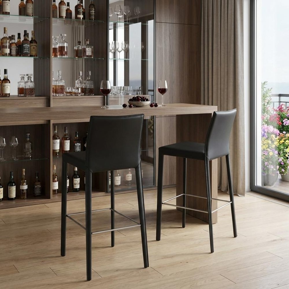 Set of Two 30" Black Faux Leather And Steel Bar Height Bar Chairs HomeRoots