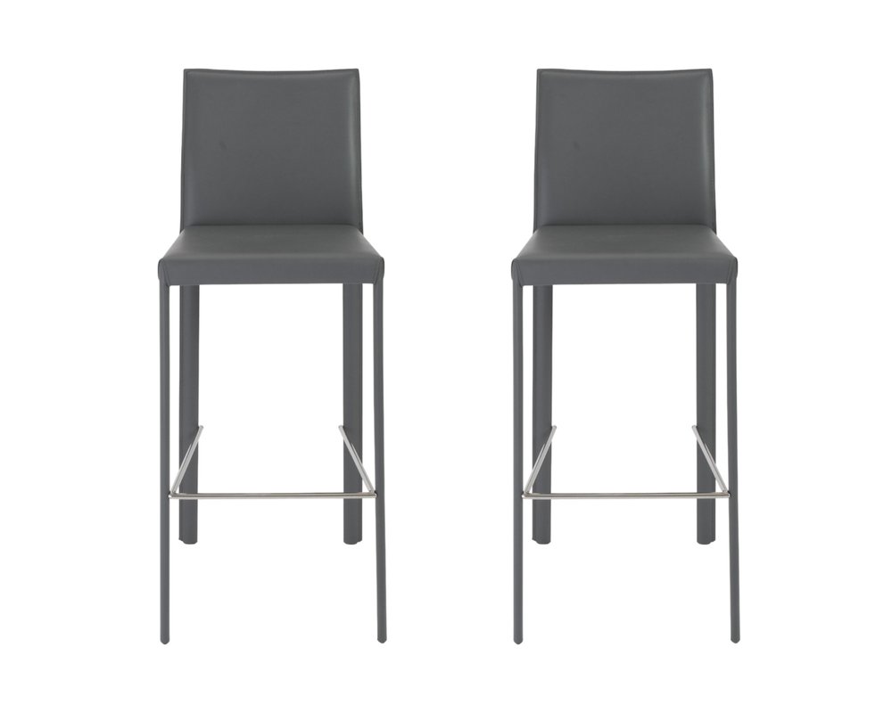Set of Two 30" Gray Faux Leather and Steel Bar Height Bar Chairs HomeRoots
