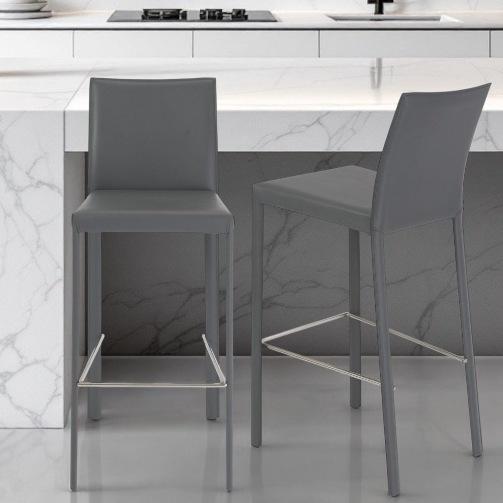Set of Two 30" Gray Faux Leather and Steel Bar Height Bar Chairs HomeRoots