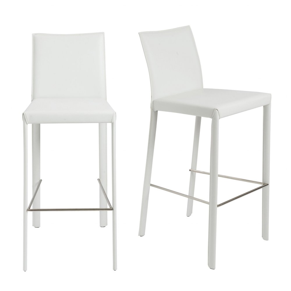 Set of Two 30" White Faux Leather And Steel Low Back Bar Height Bar Chairs HomeRoots