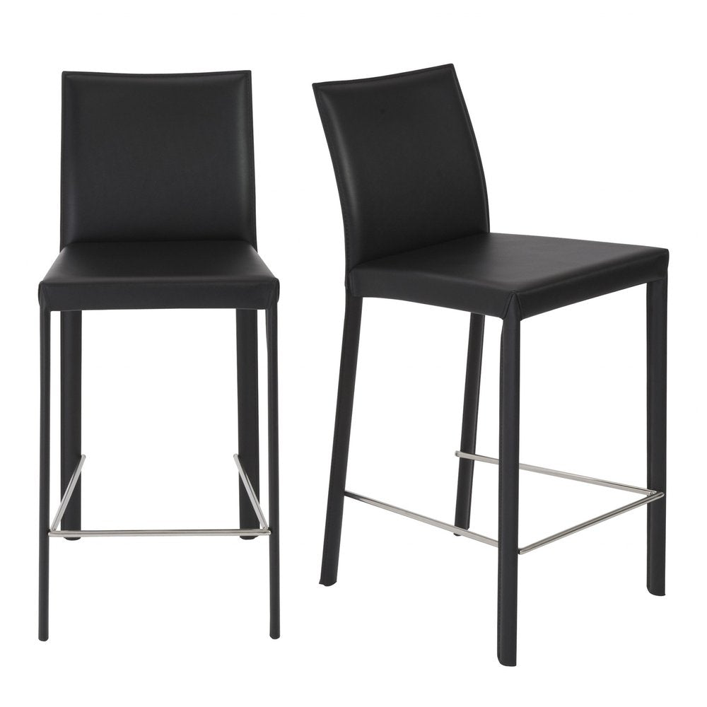 Set of Two 26" Black Faux Leather And Steel Low Back Counter Height Bar Chairs HomeRoots