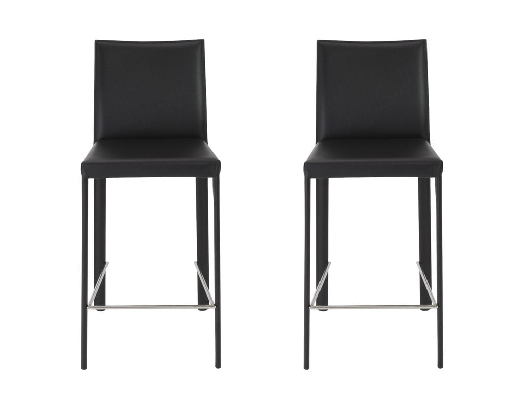 Set of Two 26" Black Faux Leather And Steel Low Back Counter Height Bar Chairs HomeRoots
