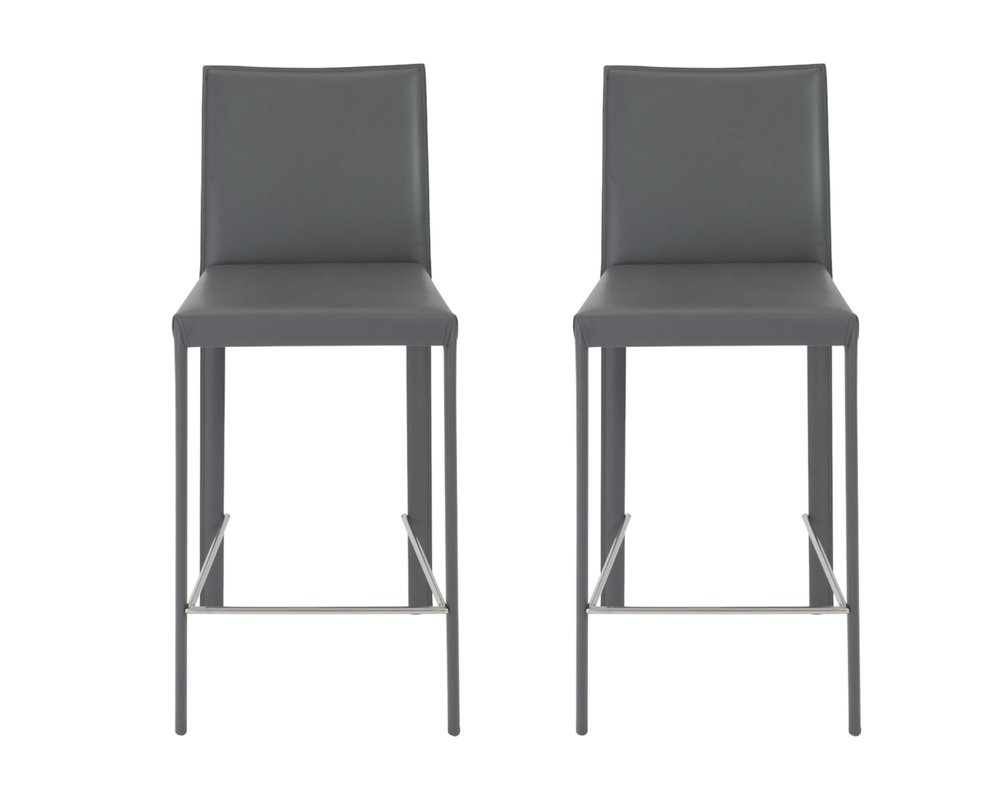 Set of Two 26" Gray Faux Leather And Steel Low Back Counter Height Bar Chairs HomeRoots