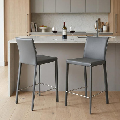 Set of Two 26" Gray Faux Leather And Steel Low Back Counter Height Bar Chairs HomeRoots