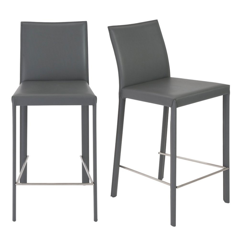 Set of Two 26" Gray Faux Leather And Steel Low Back Counter Height Bar Chairs HomeRoots