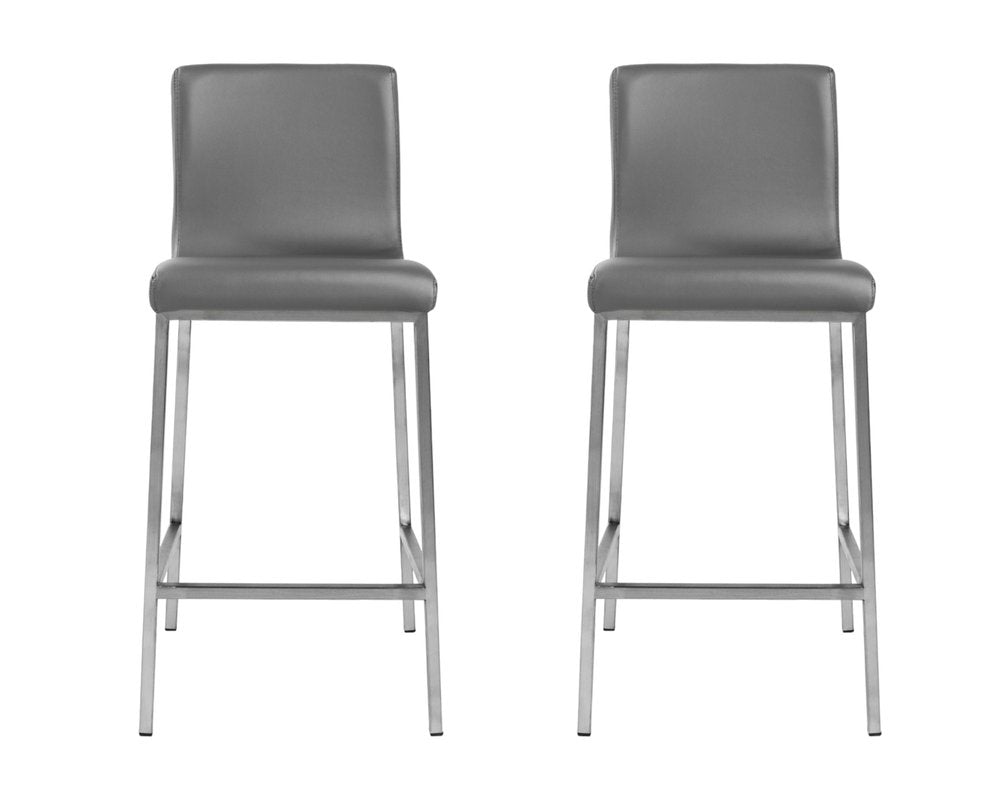 Set of Two 26" Gray And Silver Faux Leather And Steel Low Back Counter Height Bar Chairs HomeRoots