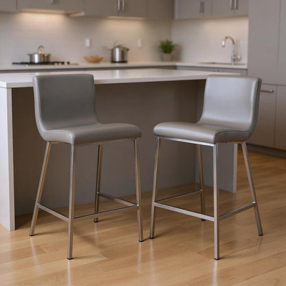 Set of Two 26" Gray And Silver Faux Leather And Steel Low Back Counter Height Bar Chairs HomeRoots