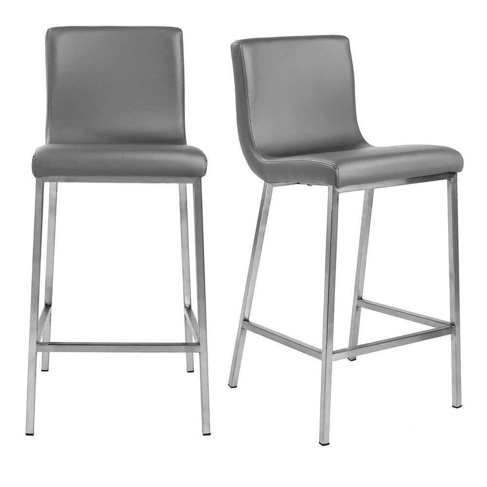 Set of Two 26" Gray And Silver Faux Leather And Steel Low Back Counter Height Bar Chairs HomeRoots