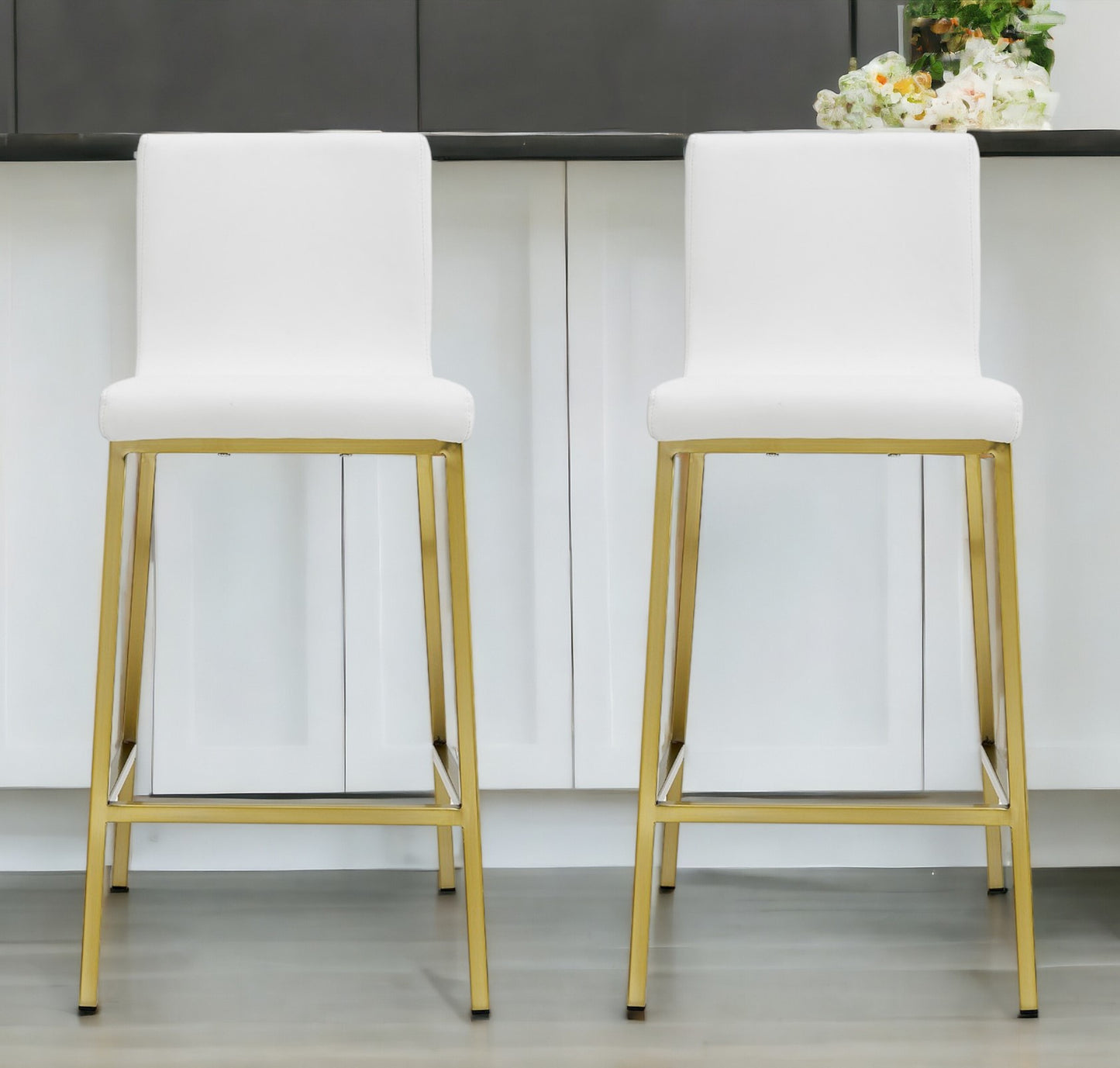 Set of Two 26" White And Gold Steel Low Back Counter Height Bar Chairs