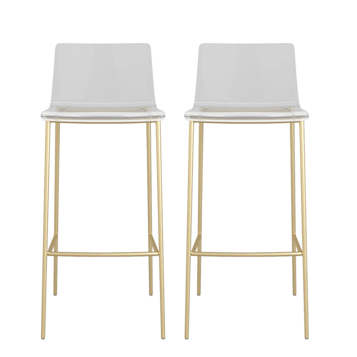 Set of Two 30" Clear And Gold Plastic Low Back Bar Height Bar Chairs