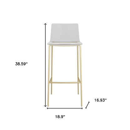 Set of Two 30" Clear And Gold Plastic Low Back Bar Height Bar Chairs