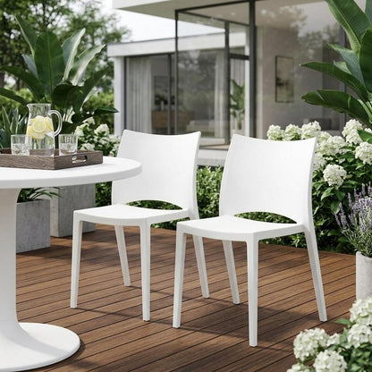 Set of Two White Heavy Duty Plastic Outdoor Stacking Dining Chairs HomeRoots