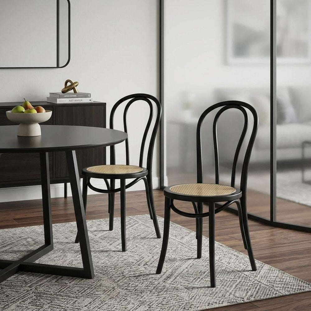 Set of Two Black and Natural Solid Wood And Rattan Curved Back Dining Side Chairs HomeRoots