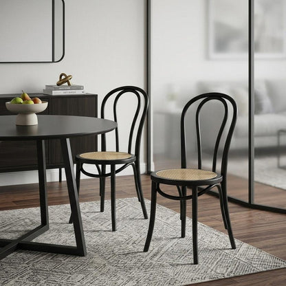 Set of Two Black and Natural Solid Wood And Rattan Curved Back Dining Side Chairs HomeRoots