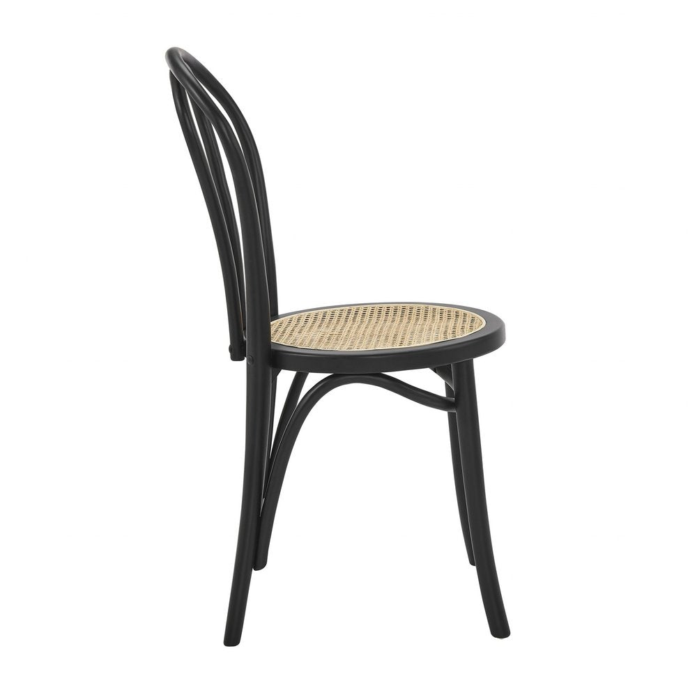 Set of Two Black and Natural Solid Wood And Rattan Curved Back Dining Side Chairs HomeRoots