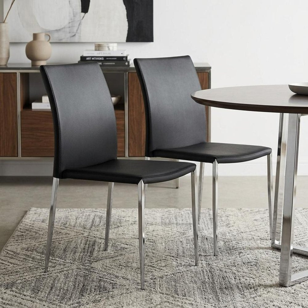 Set of Two Black and Silver Upholstered Faux Leather Dining Side Chairs HomeRoots