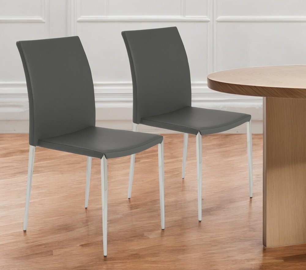 Set of Two Gray and Silver Upholstered Leather Dining Side Chairs HomeRoots