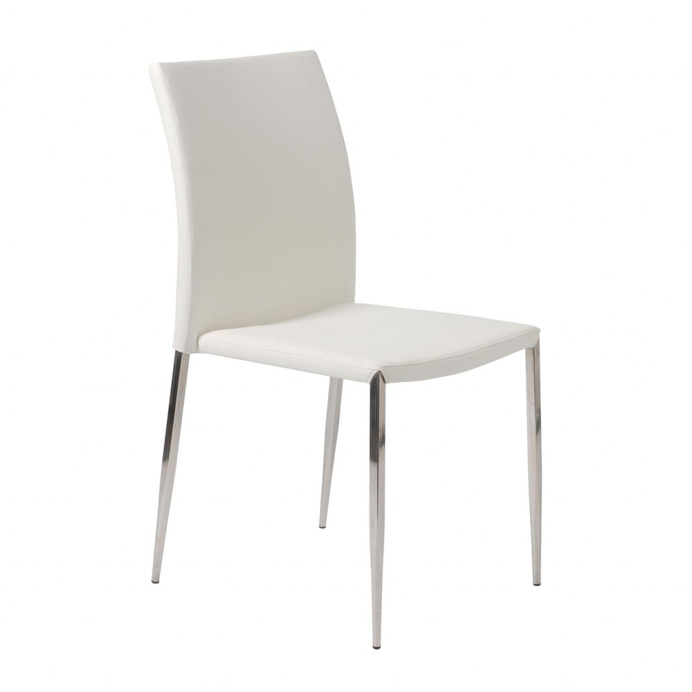 Set of Two White and Silver Upholstered Faux Leather Dining Side Chairs HomeRoots