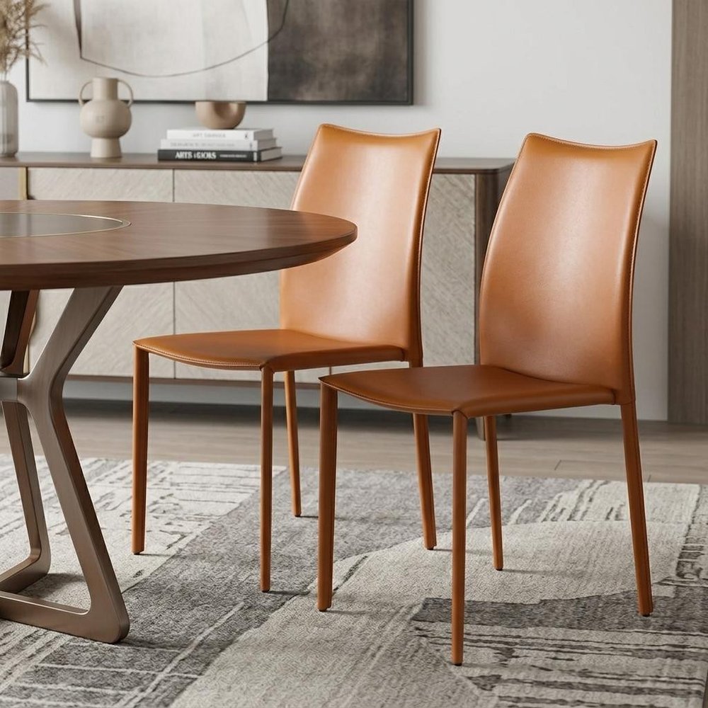 Set of Two Terra Cotta Upholstered Leather Dining Side Chairs HomeRoots