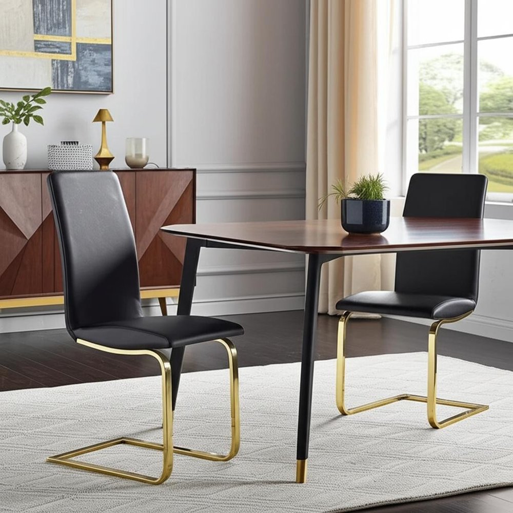 Set of Two Black and Gold Upholstered Leather Dining Side Chairs HomeRoots