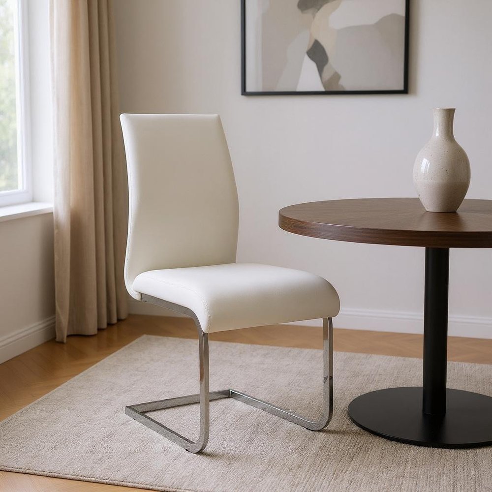 Set of Four White and Silver Upholstered Leather Dining Side Chairs HomeRoots