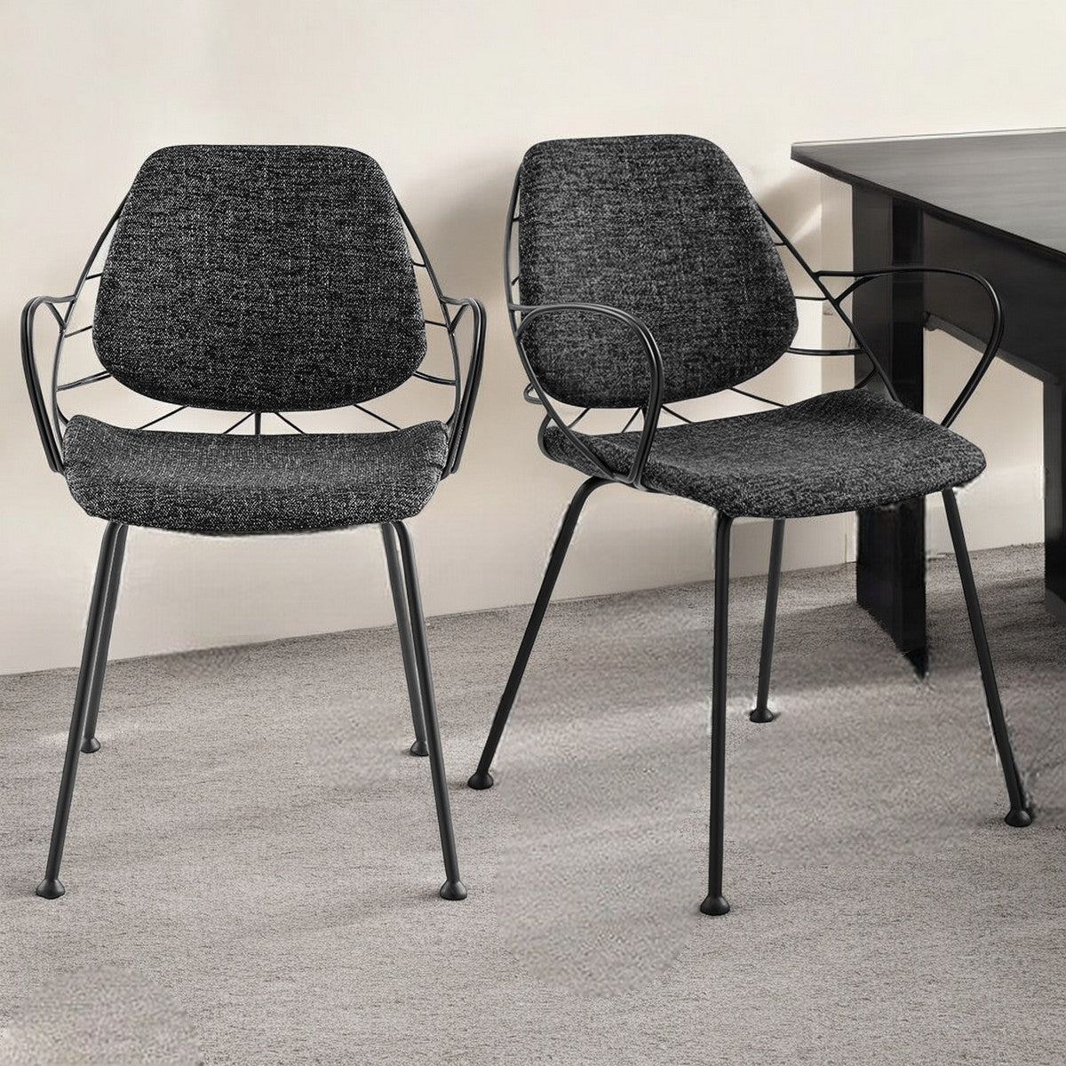 Set of Two Leaf Dark Gray Fabric and Black Dining Armchairs