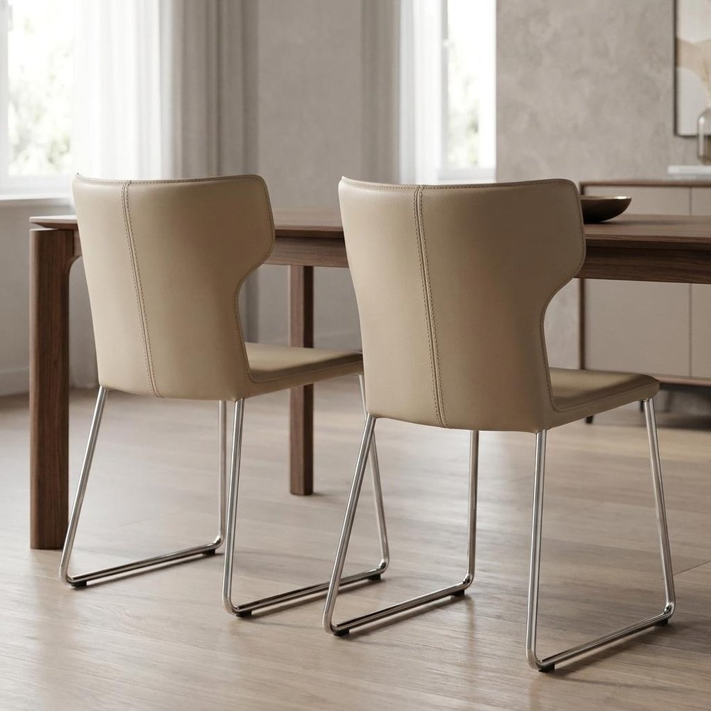 Set of Two Beige Upholstered Leather Curved Back Dining Side Chairs HomeRoots