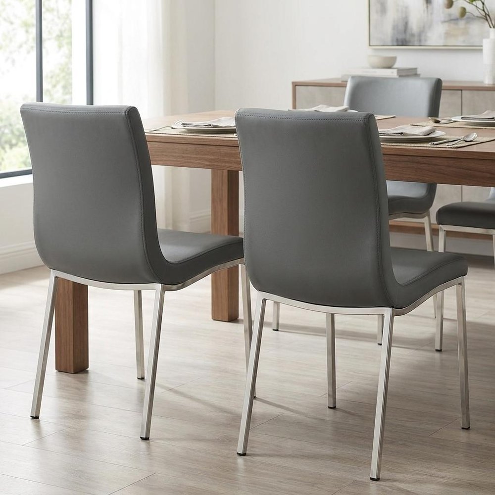 Set of Two Gray And Silver Upholstered Leather Dining Side Chairs HomeRoots