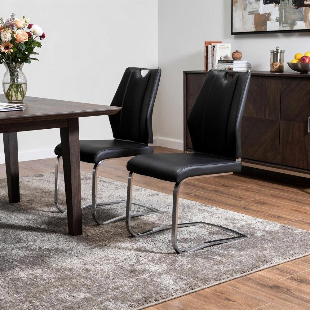 Set of Two Black and Silver Upholstered Leather Dining Side Chairs HomeRoots