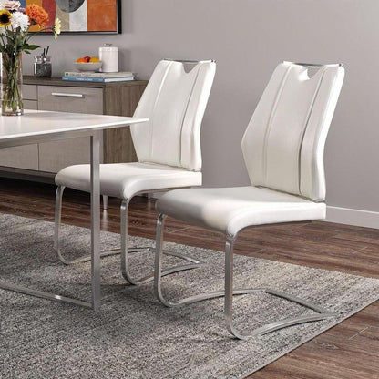 Set of Two White and Silver Upholstered Leather Dining Side Chairs HomeRoots