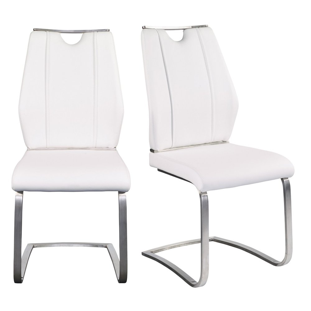 Set of Two White and Silver Upholstered Leather Dining Side Chairs HomeRoots