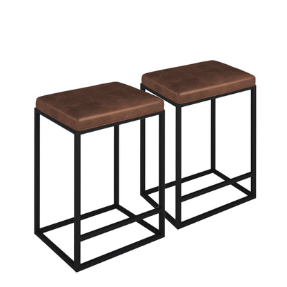 Set of Two " Brown And Black Faux Leather And Metal Backless Counter Height Bar Chairs