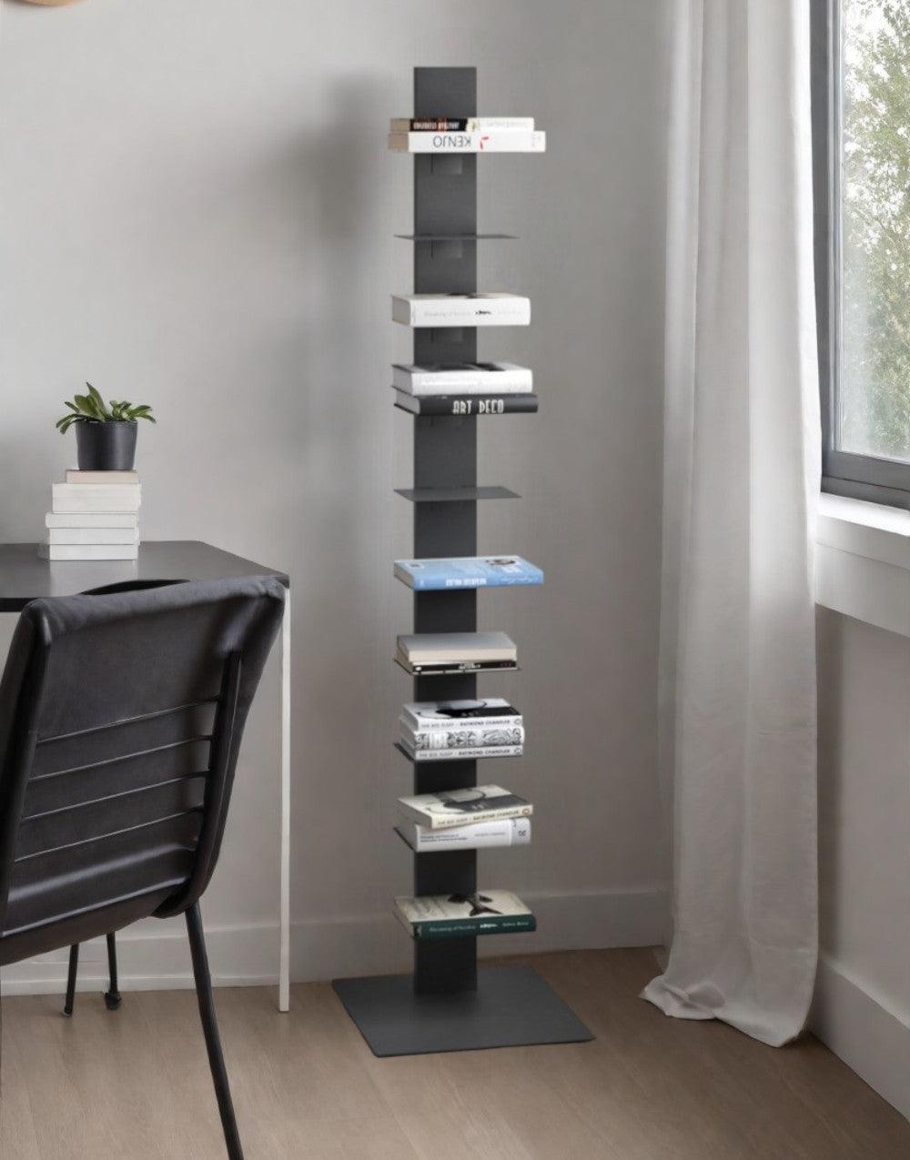 60" Dark Gray Metal Ten Shelf Modern Tower Bookcase - FurniFindUSA