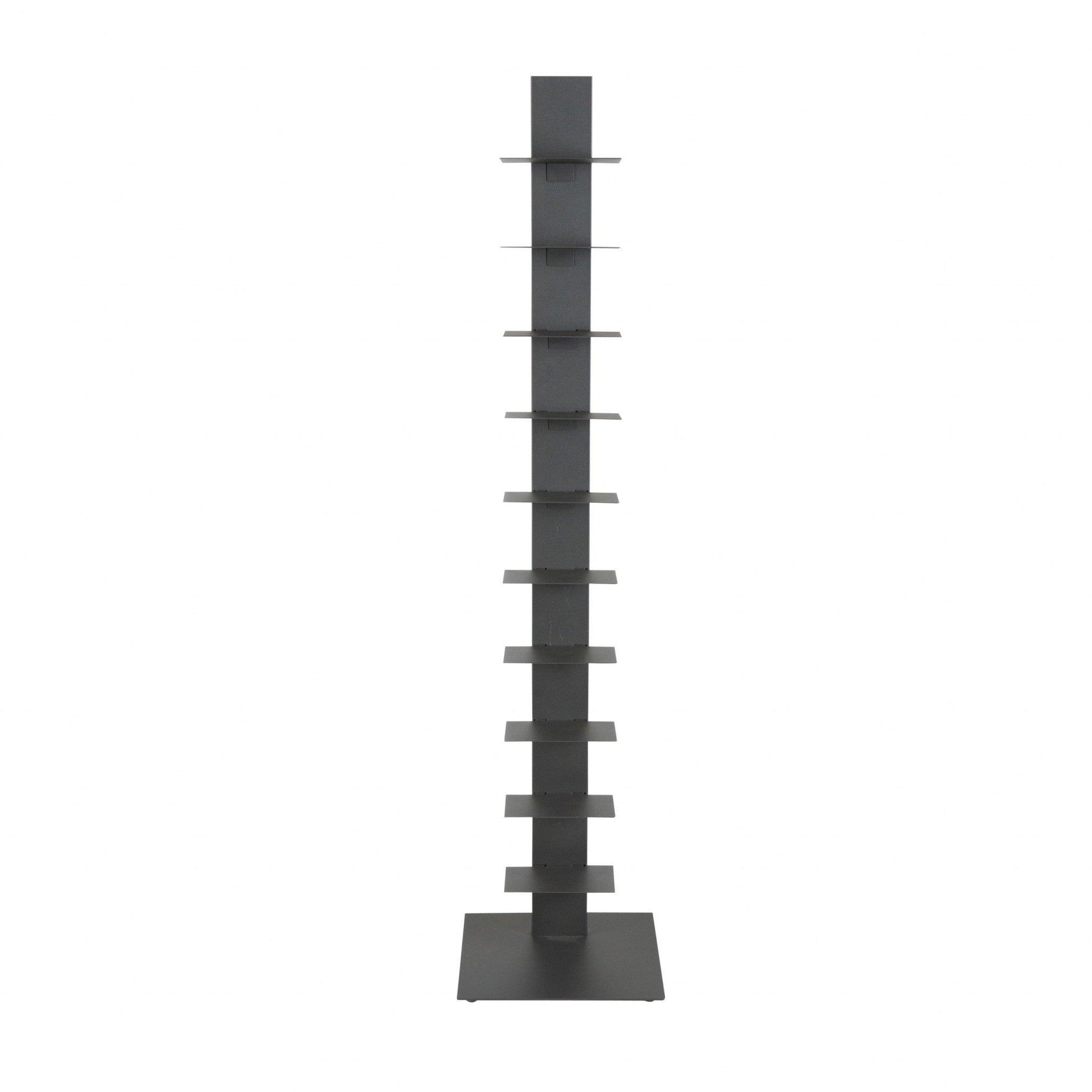 60" Dark Gray Metal Ten Shelf Modern Tower Bookcase - FurniFindUSA