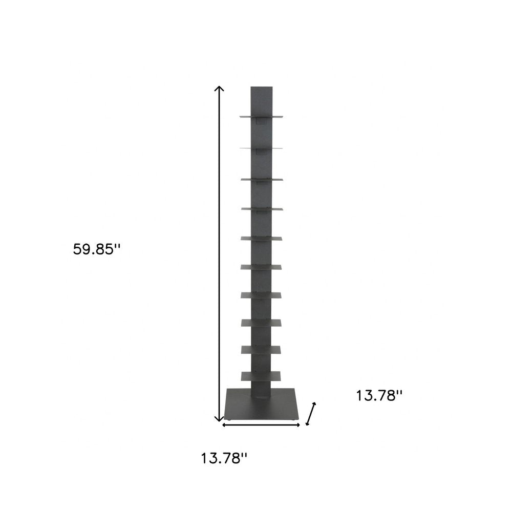 60" Dark Gray Metal Ten Shelf Modern Tower Bookcase HomeRoots