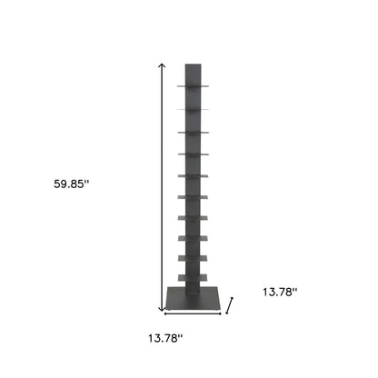 60" Dark Gray Metal Ten Shelf Modern Tower Bookcase - FurniFindUSA