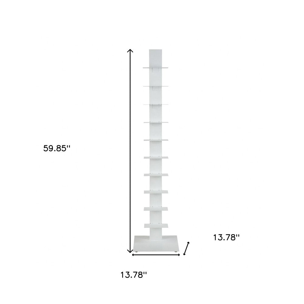 60" White Metal Ten Shelf Modern Tower Bookcase HomeRoots